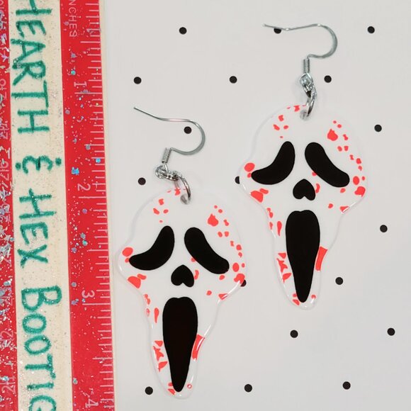 White Bloody Ghostface Mask Scary Movie Earrings Stainless Steel Hooks Horror - Picture 3 of 4
